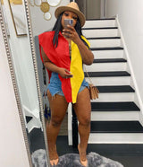 Asymmetrical Two-Tone Button-Up Shirt - M, Red image