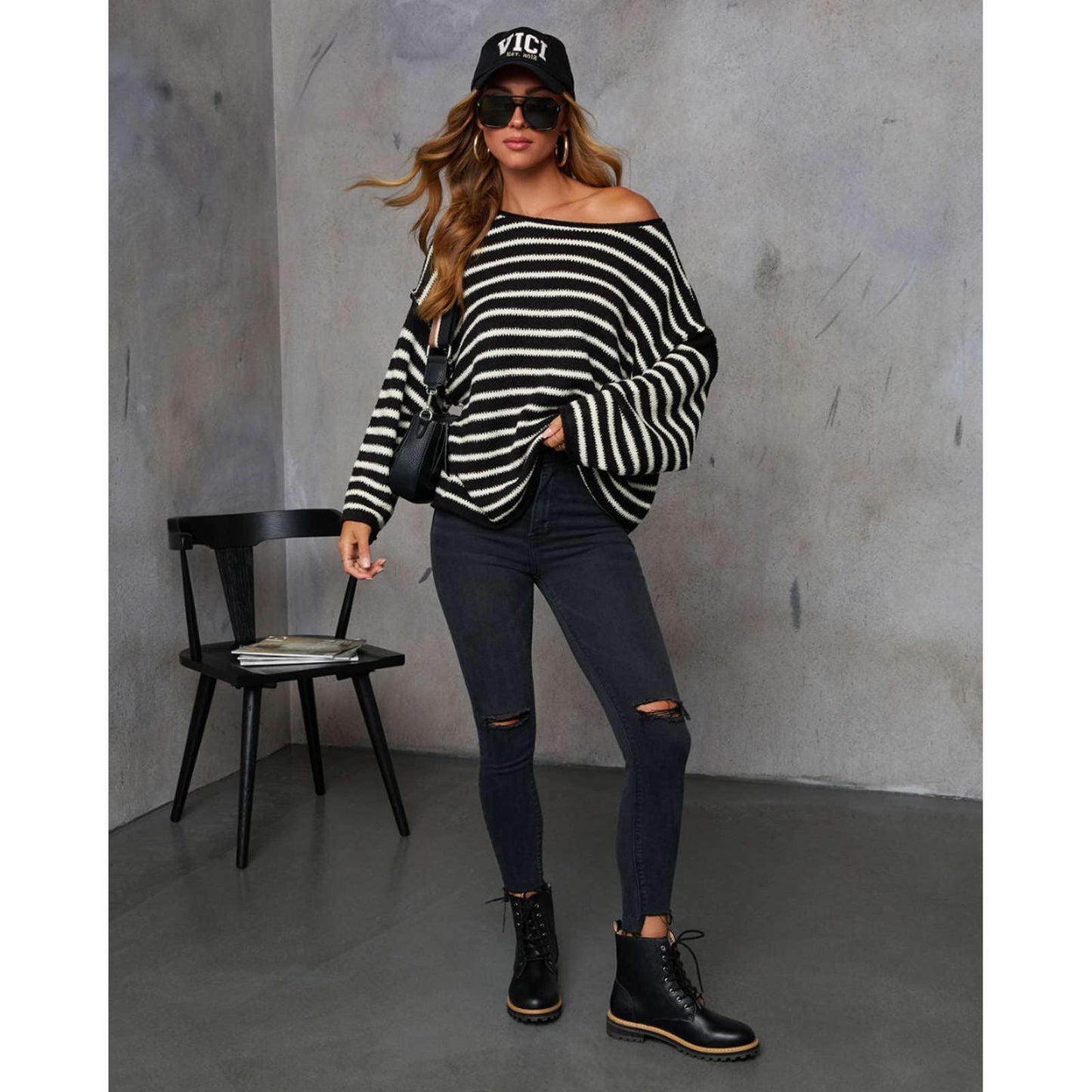Striped Loose Bat Long Sleeve Sweater image 2