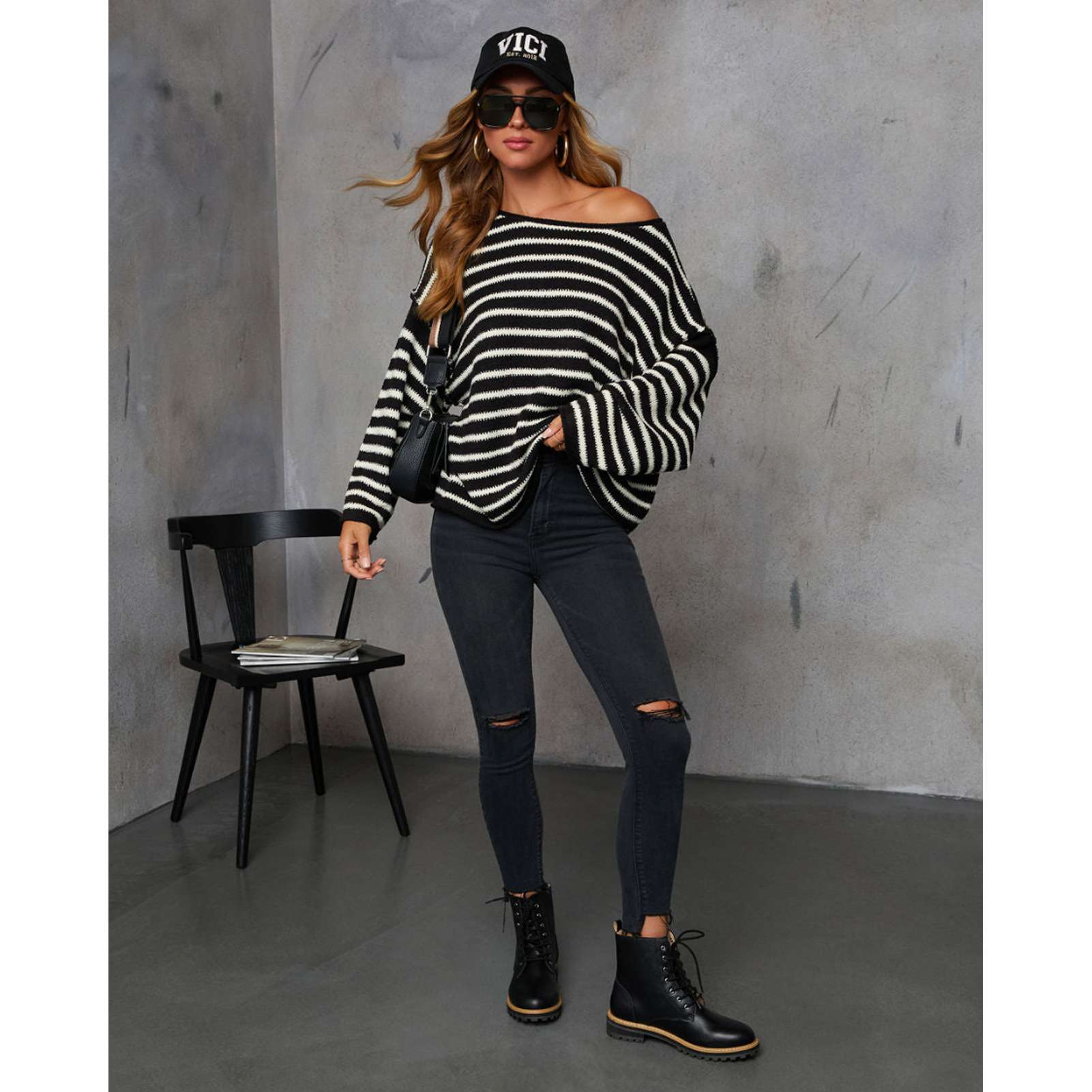 Striped Loose Bat Long Sleeve Sweater image 2