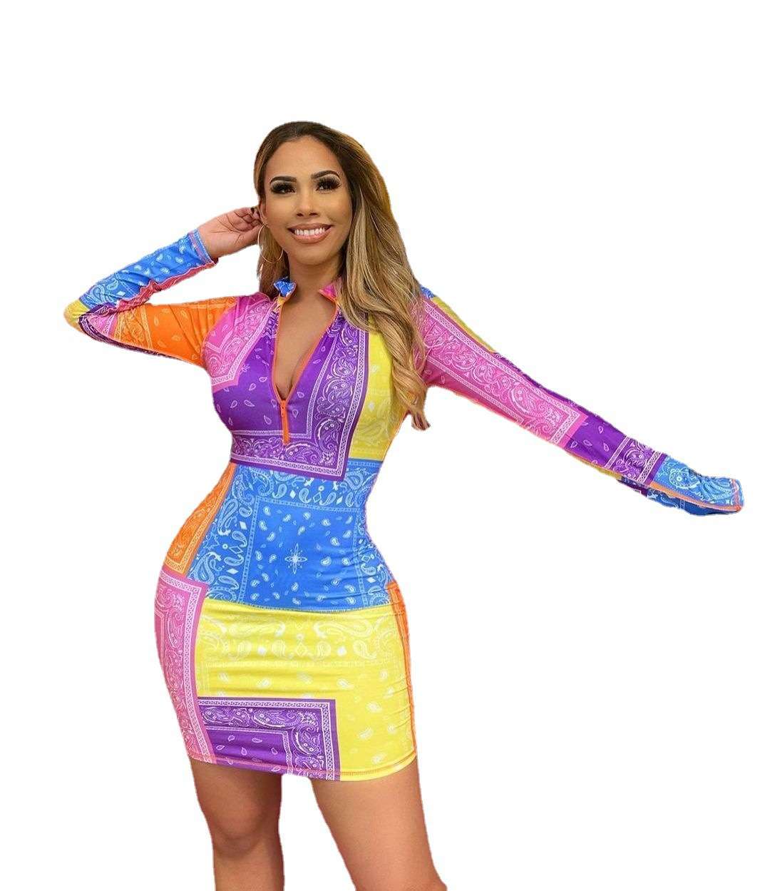 Womens Long Sleeve Zipper V Neck Printed Bodycon Dress image 1