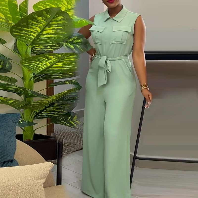 Sleeveless Utility Belted Wide-Leg Jumpsuit - M, Summer Green image