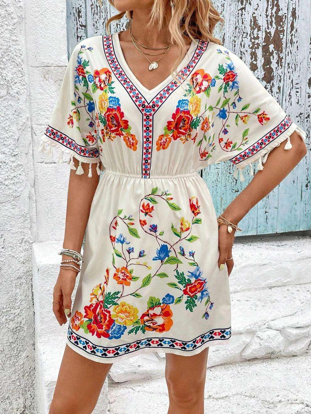 Floral Embroidered Boho Dress with Tassel Accents - L, White image
