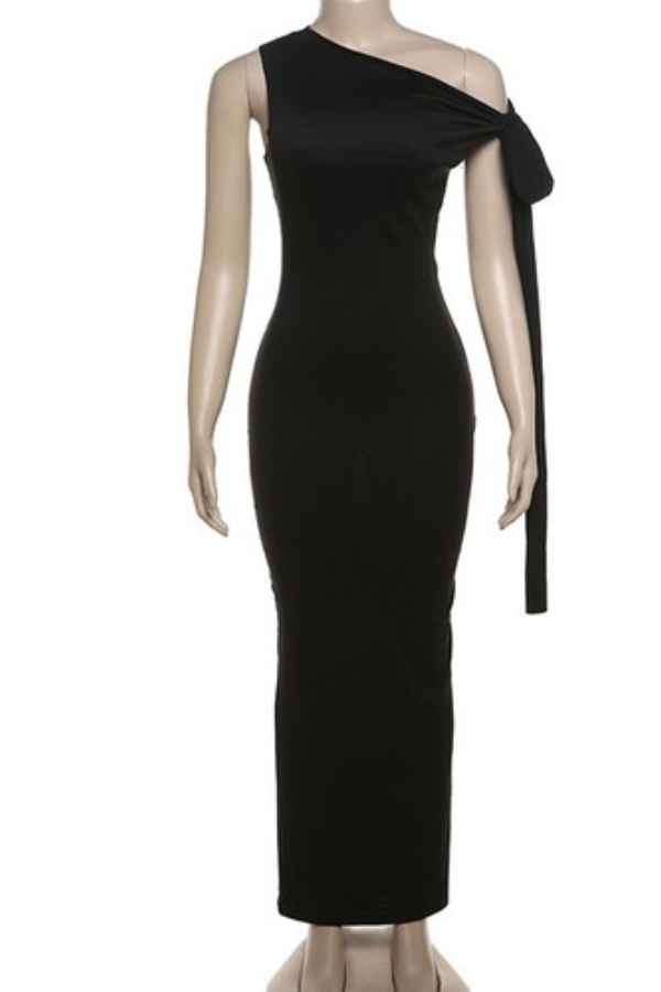 Knot Tie Asymmetric Shoulder Solid Color Maxi Dress image 5