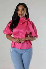 Satin Elegance Bow-Tie Blouse - XL, Rose Red image
