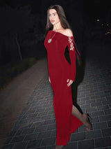 Lace-Up Black Maxi Dress - S, Red image