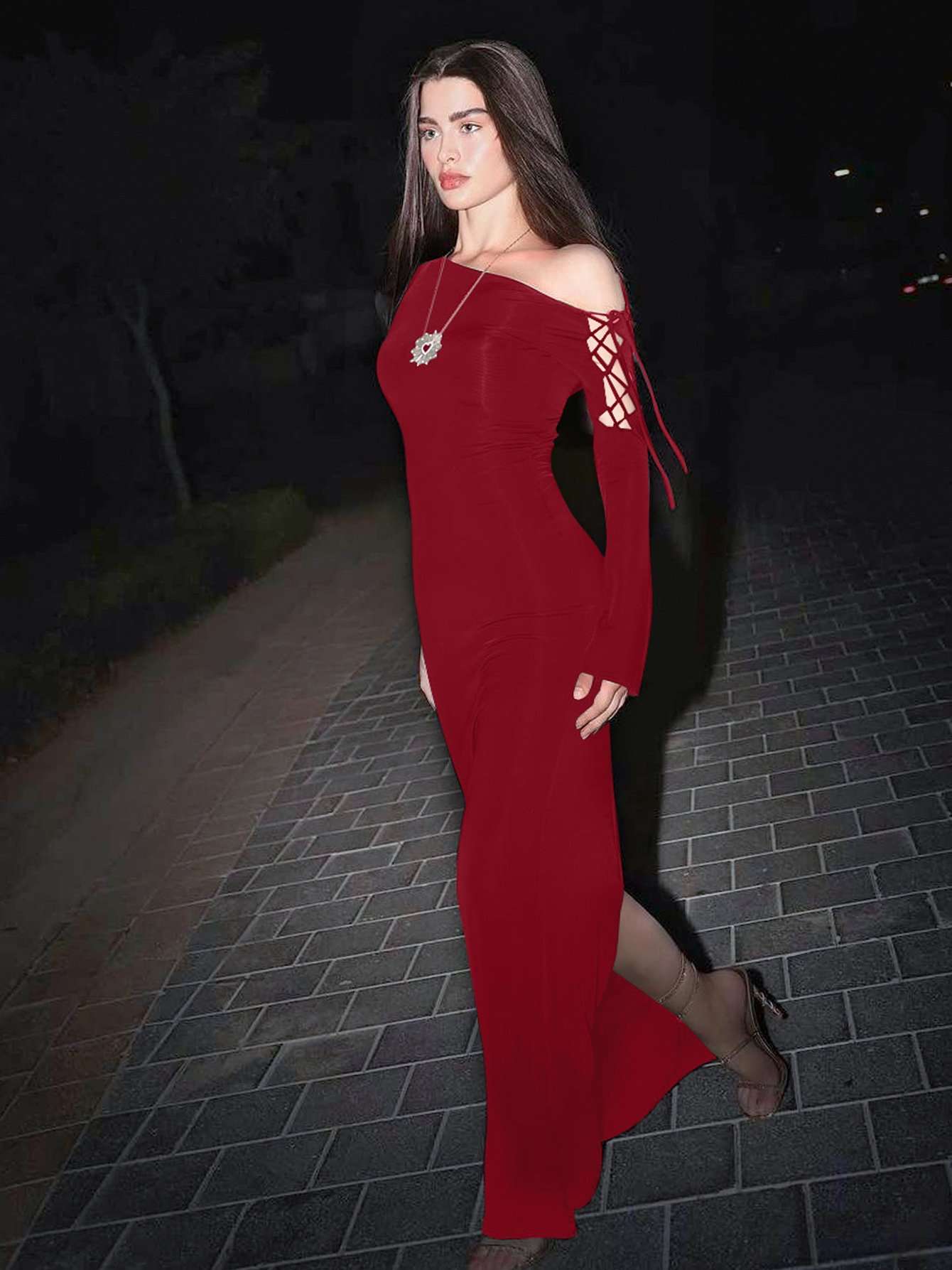 Lace-Up Black Maxi Dress - S, Red image