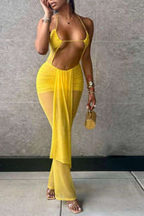Cut-Out Halter & Sheer Maxi Dress - M, Yellow image