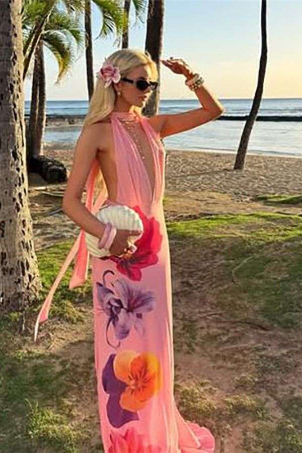 Floral Maxi Dress with Halter Neck image 1