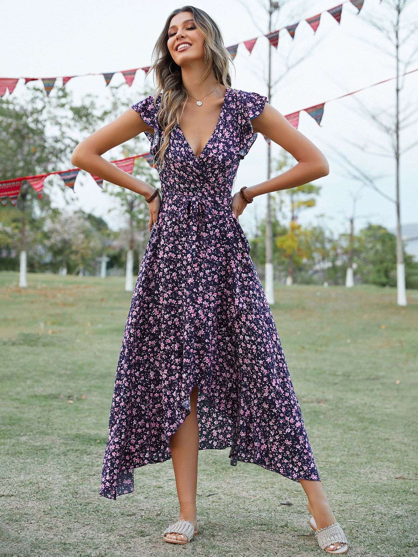 Flutter Sleeve Floral Midi Dress - L, Multi Purple image