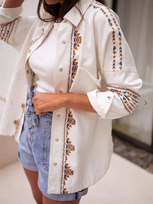 Button-Down Shirt with Geometric Pattern - M, Off White image