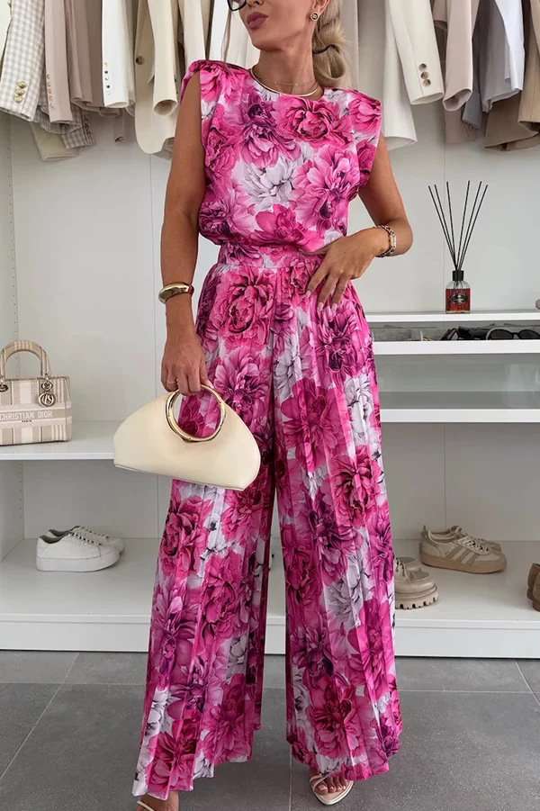 Top and Pleated Palazzo Pants Set - L, Rose image