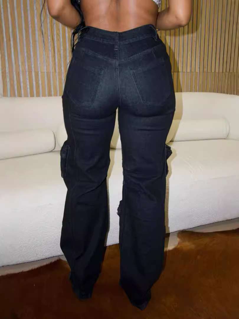 Rhinestone Cutout Cargo Jeans in Black image 5