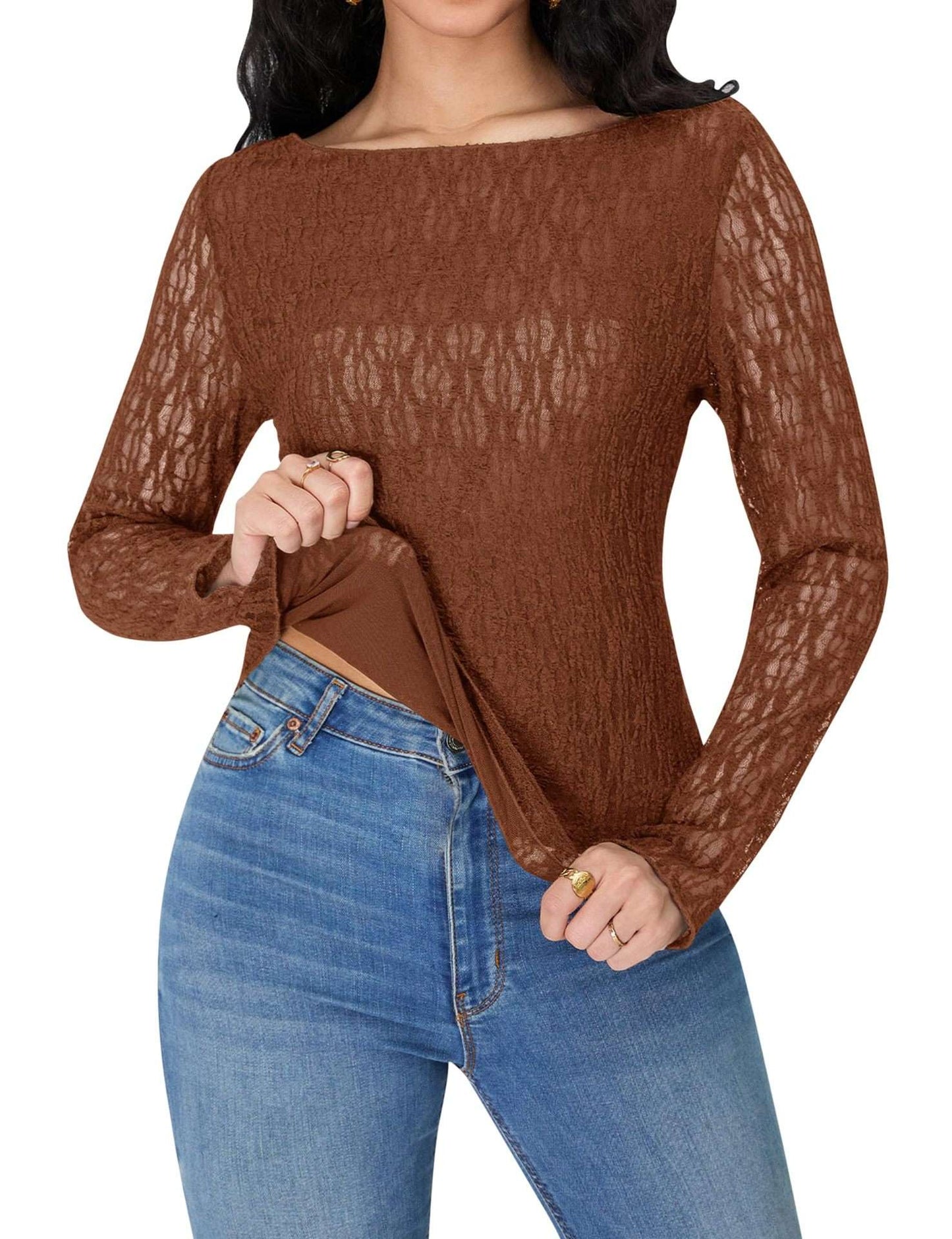 Lace Long-Sleeve Top with Sheer Detailing - M, Brown image