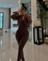Jumpsuit Cropped Jacket Set - S, Brown image