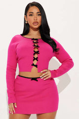 Bow Detail Ribbed Crop Top & Skirt Set - Free Size, Rose image