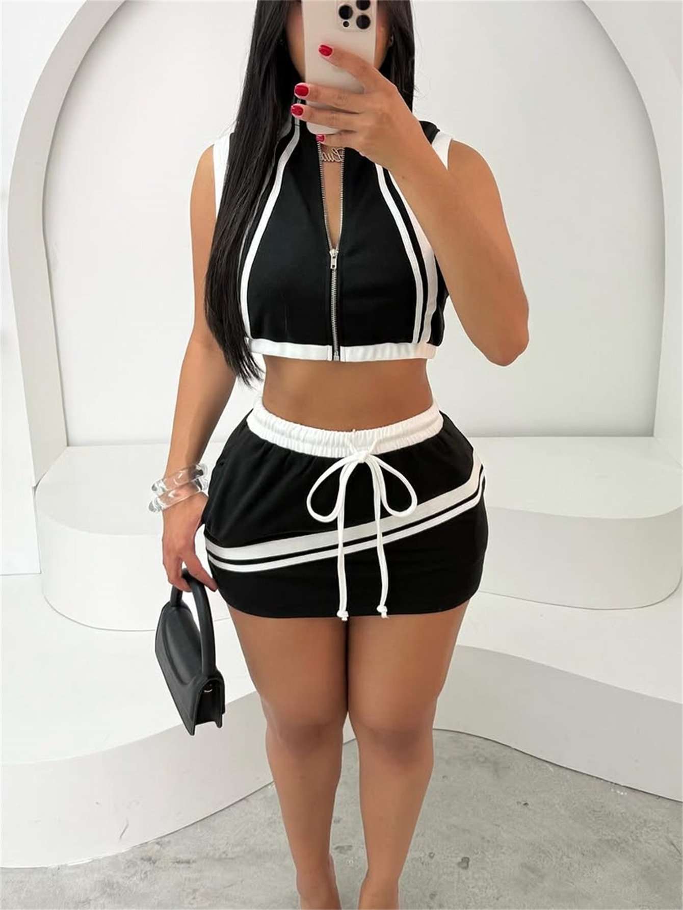 Sporty Zip-Up Crop Top & Mini Skirt Set - L, Black image
