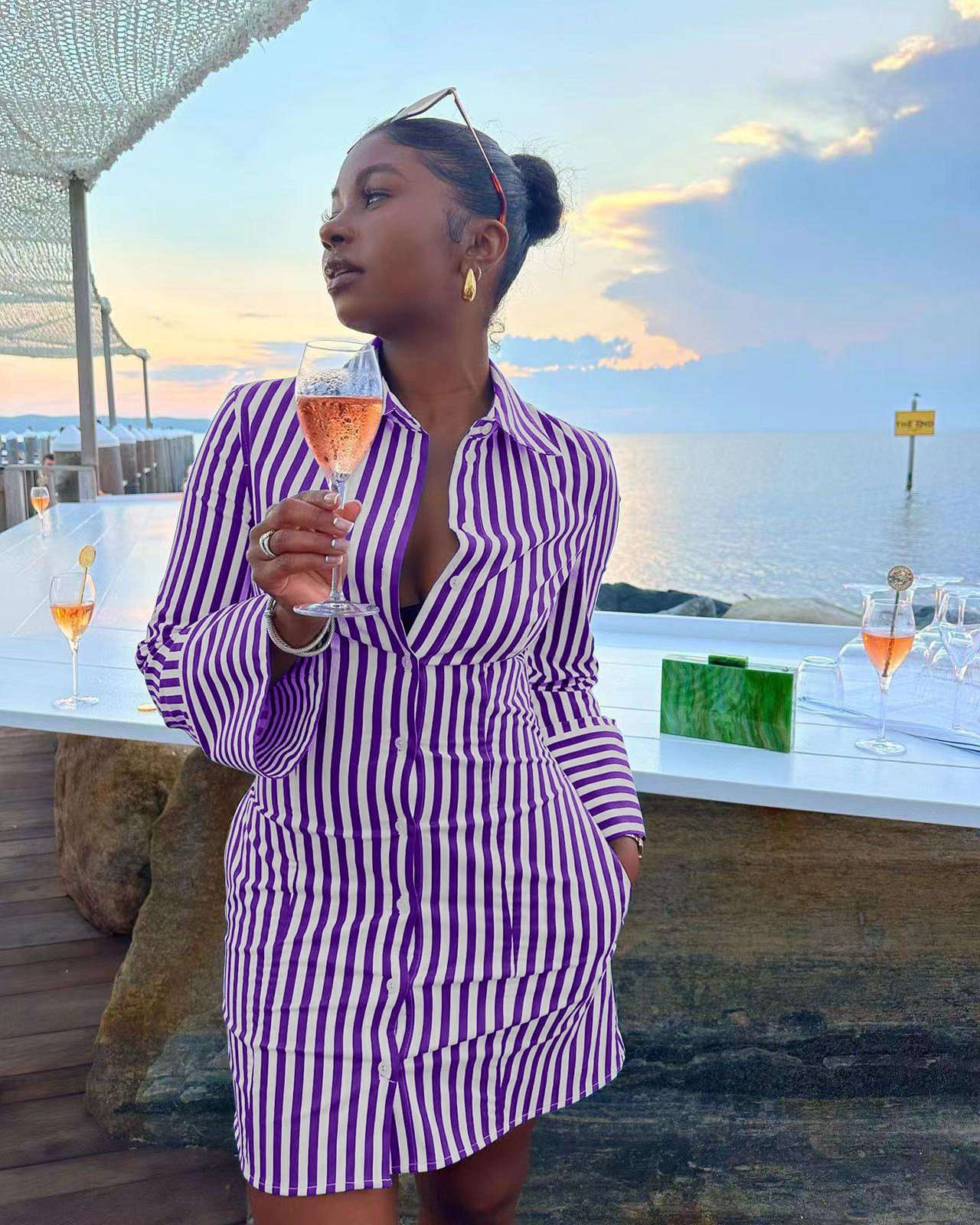 Striped Button Down Shirt Dress - XL, Multi Purple image