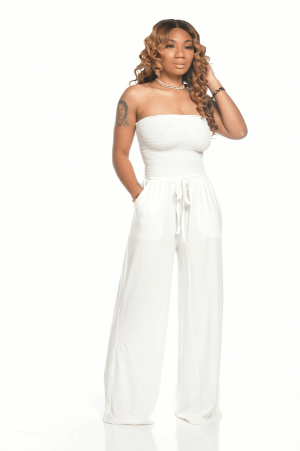 Women's Casual Off Shoulder Solid Color Strapless Belted Wide Leg Jumpsuit Romper with Pockets image 0
