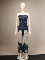 Off-Shoulder Cargo Splash Ink Bell Bottom Jumpsuit image 3