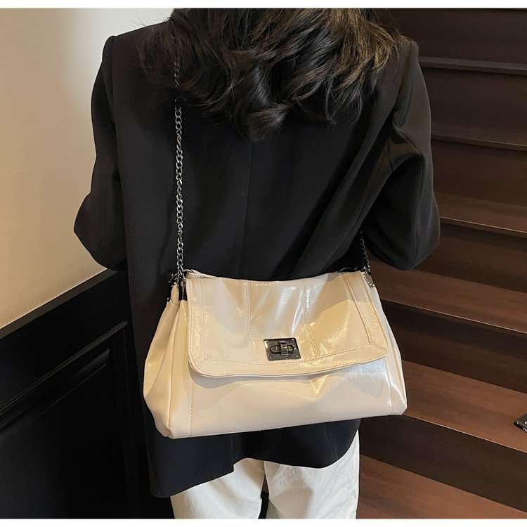 Flap Shoulder Bag with Chain Strap - Free Size, White image