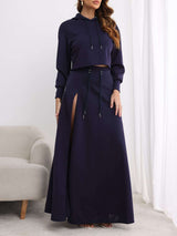 Casual 2 Piece Sweatshirts Split Skirt Sweatsuit - XL, Deep Lake Blue image