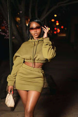 Solid Drawstring Crop Hoodie and Mini Skirt - M, Army Green image