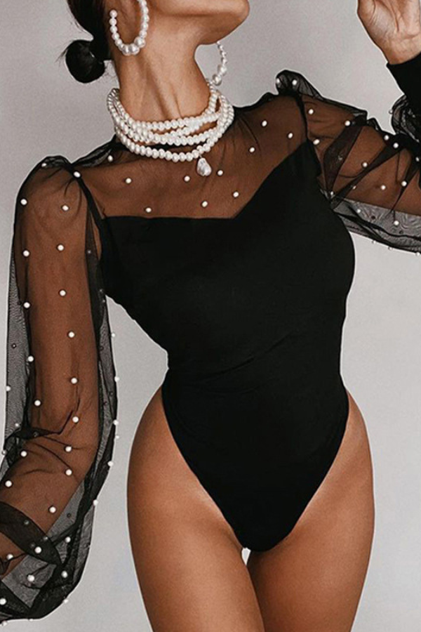 Mesh Long Sleeve Bodysuits - L, Black image