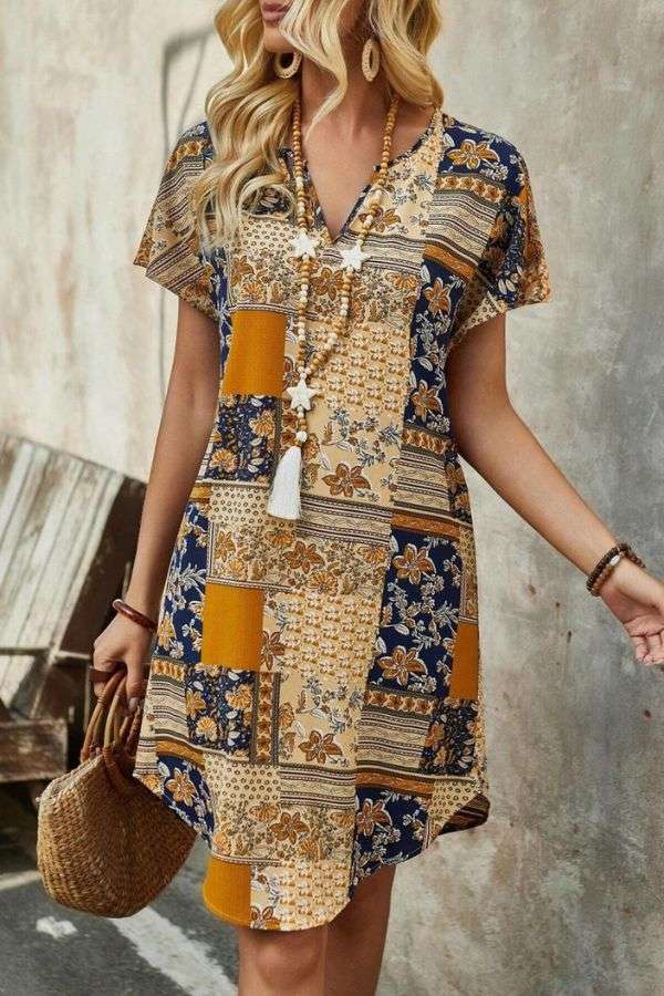 Bohemian Patchwork Floral Midi Dress - M, Beige image