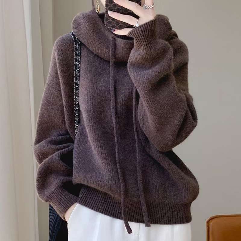Turtleneck Hooded Loose Sweater - S, Coffee Brown image