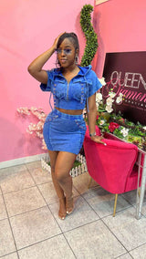 Zip-Up Cropped Jacket & Mini Skirt Set - S, Blue image