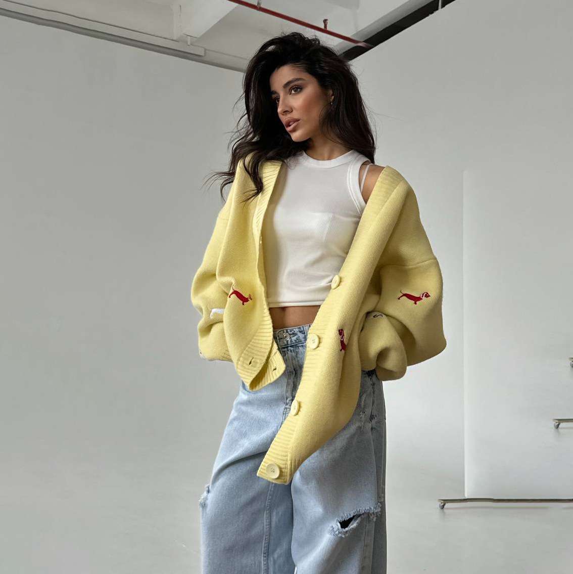 Embroidered Oversized Cardigan Jacket - S, Yellow image