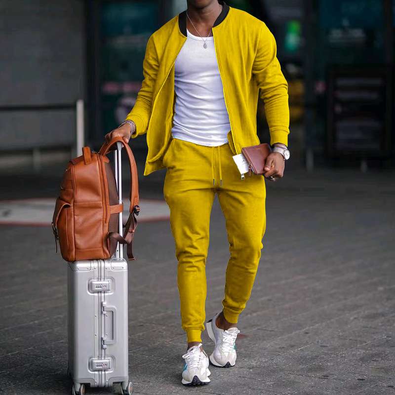 Casual Solid Baseball Collar Tracksuit - S, Yellow image