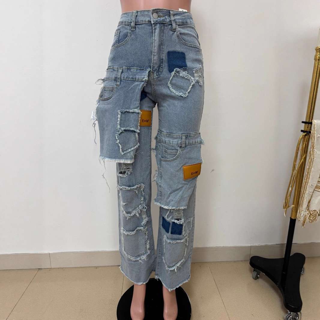 Distressed Patchwork Wide-Leg Ripped Jeans image 4