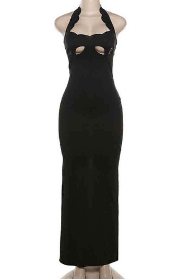 Sexy Plain Cut-Out Halter Neck Sleeveless Maxi Dress image 5