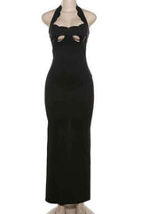 Sexy Plain Cut-Out Halter Neck Sleeveless Maxi Dress image 5