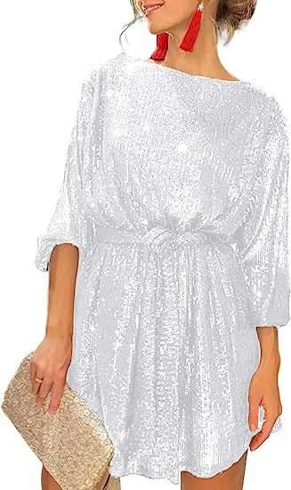 Sequins Glitter Mini Dress Cocktail Club Party - XL, White image