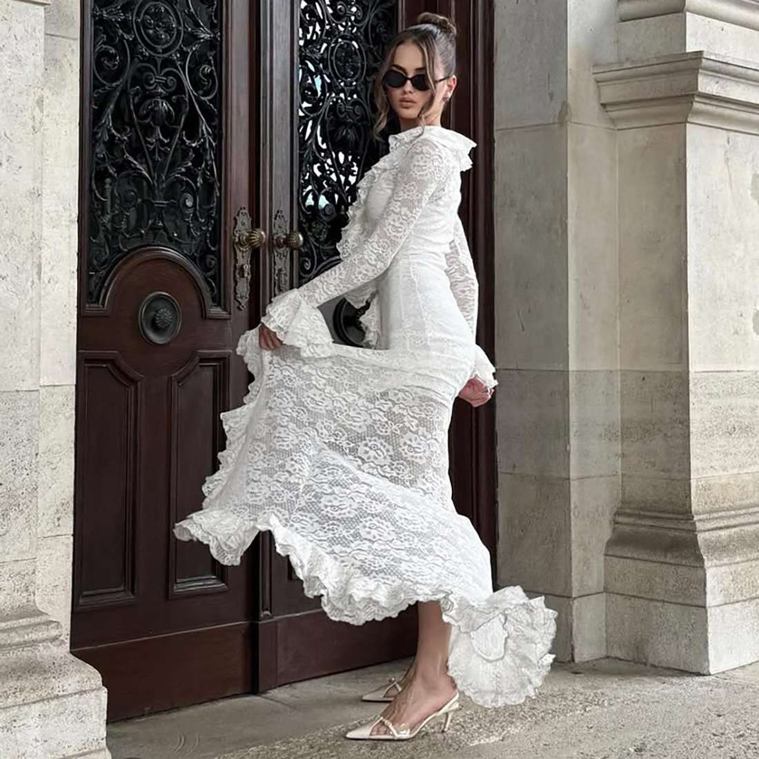 White Lace Ruffled Dress with High Slit image 2