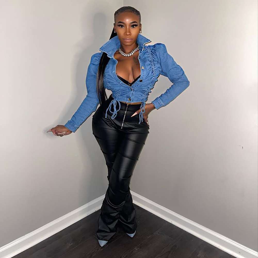 Cropped Jacket with Drawstring Waist - S, Blue image