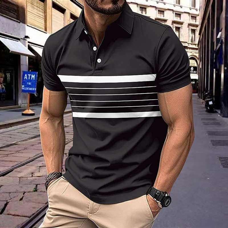 Polo Shirt with White Horizontal Stripes - L, Black image