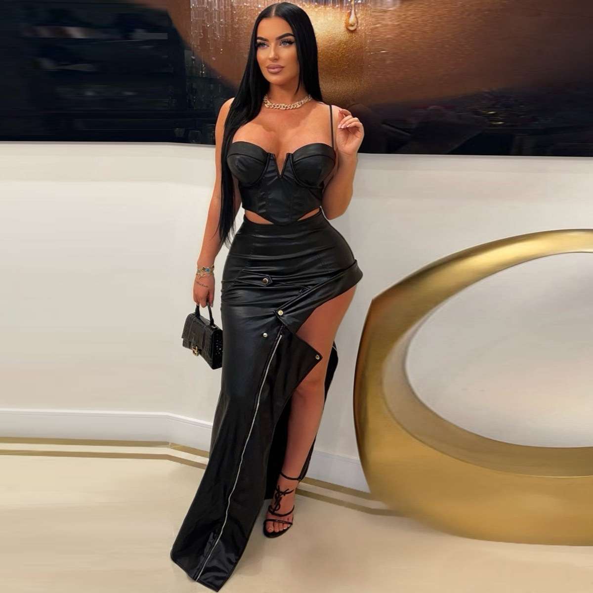 Corset Top & High-Slit Maxi Skirt Set - L, Black image