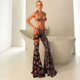 Mixed Print Flare Pants with Crossover Waist - L, Multi Brown image