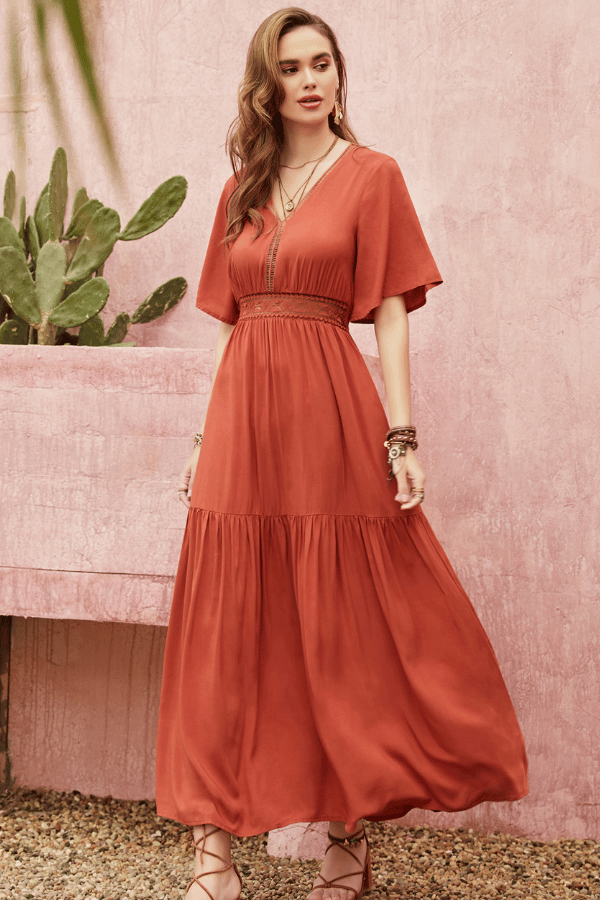 Pearl Chiffon A-Line V-Neck Half Sleeve Dress image 4