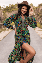 Women's Printed Lantern Sleeve Dress With Plunging V-Neckline image 3