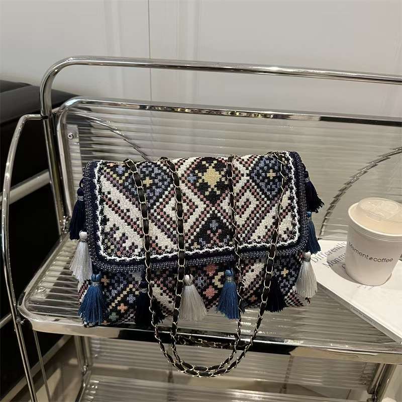 Embroidered Crossbody Bag with Chain Strap