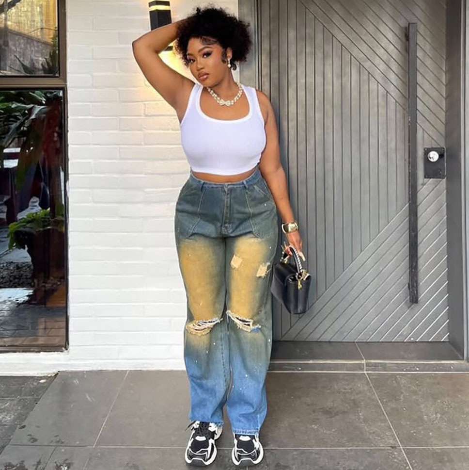 Distressed Straight Leg Jeans image 1