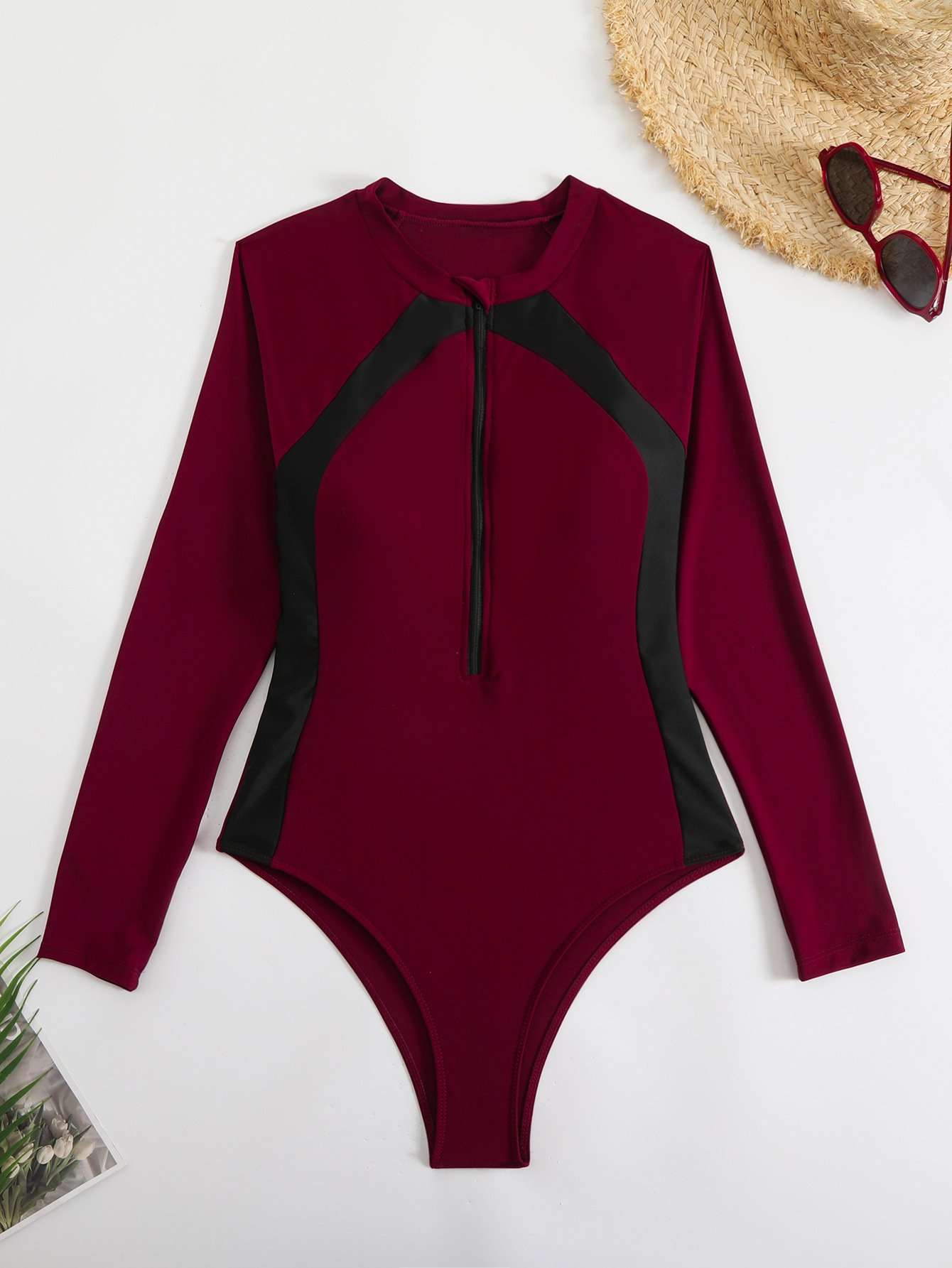 Tropical Long Sleeve Zip-Up Swimsuit - L, Red image