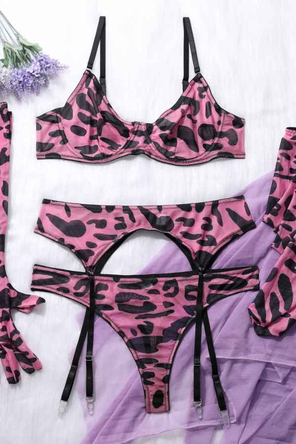 Sexy Printed Bodysuit Stockings Five Piece Lingerie Set image 8