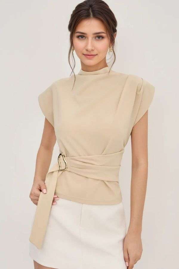 Sleeveless Top with Waist Belt Detail - S, Light Beige image