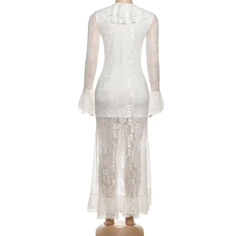 White Lace Ruffled Dress with High Slit image 6