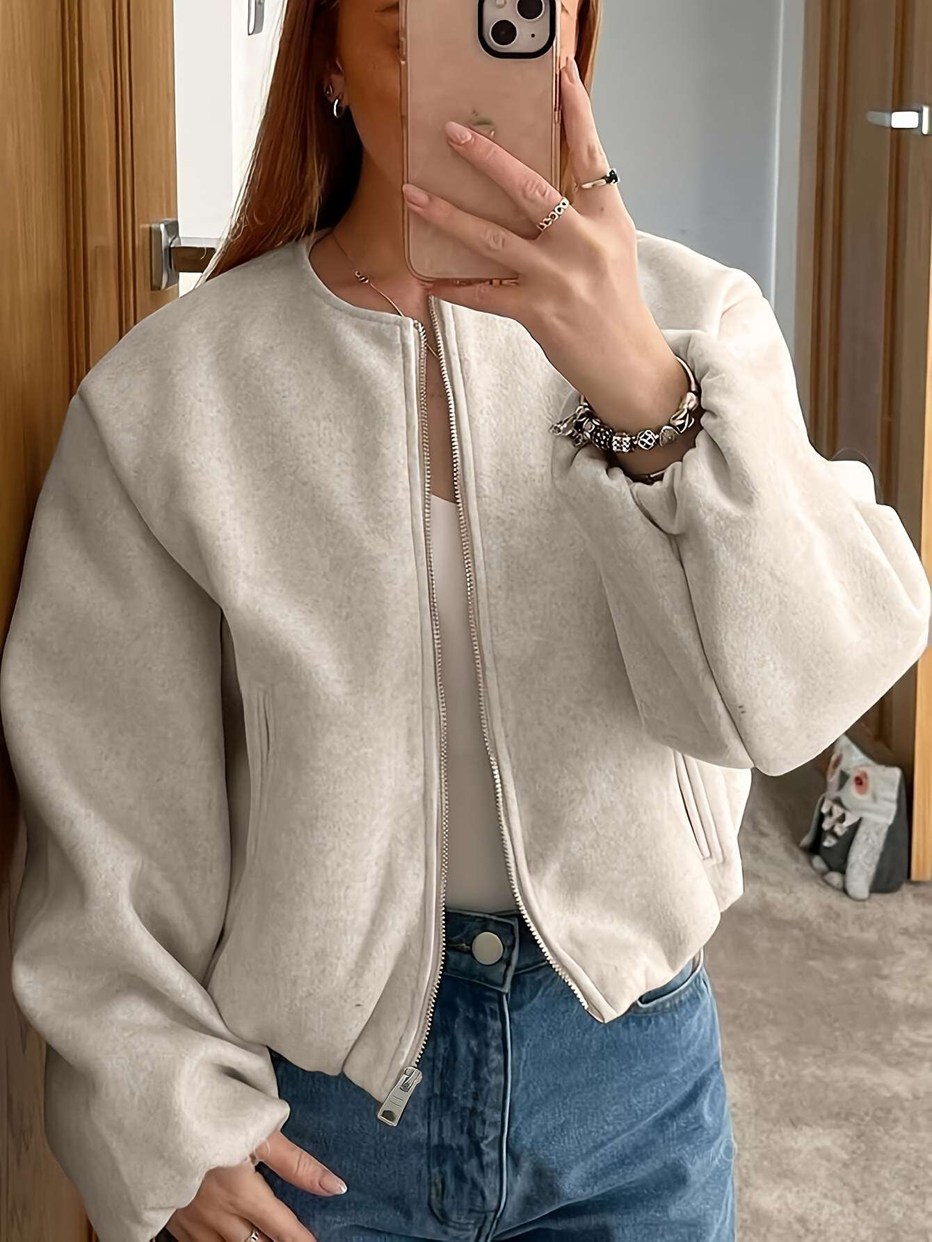 Cozy Oversized Bomber Jacket - S, Light Beige image